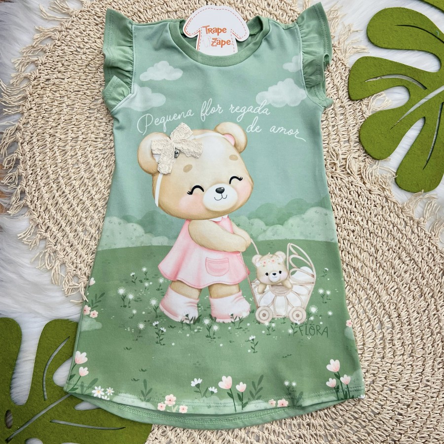 Vestido Ursinha Pequena Flor Regada de Amor - Verde